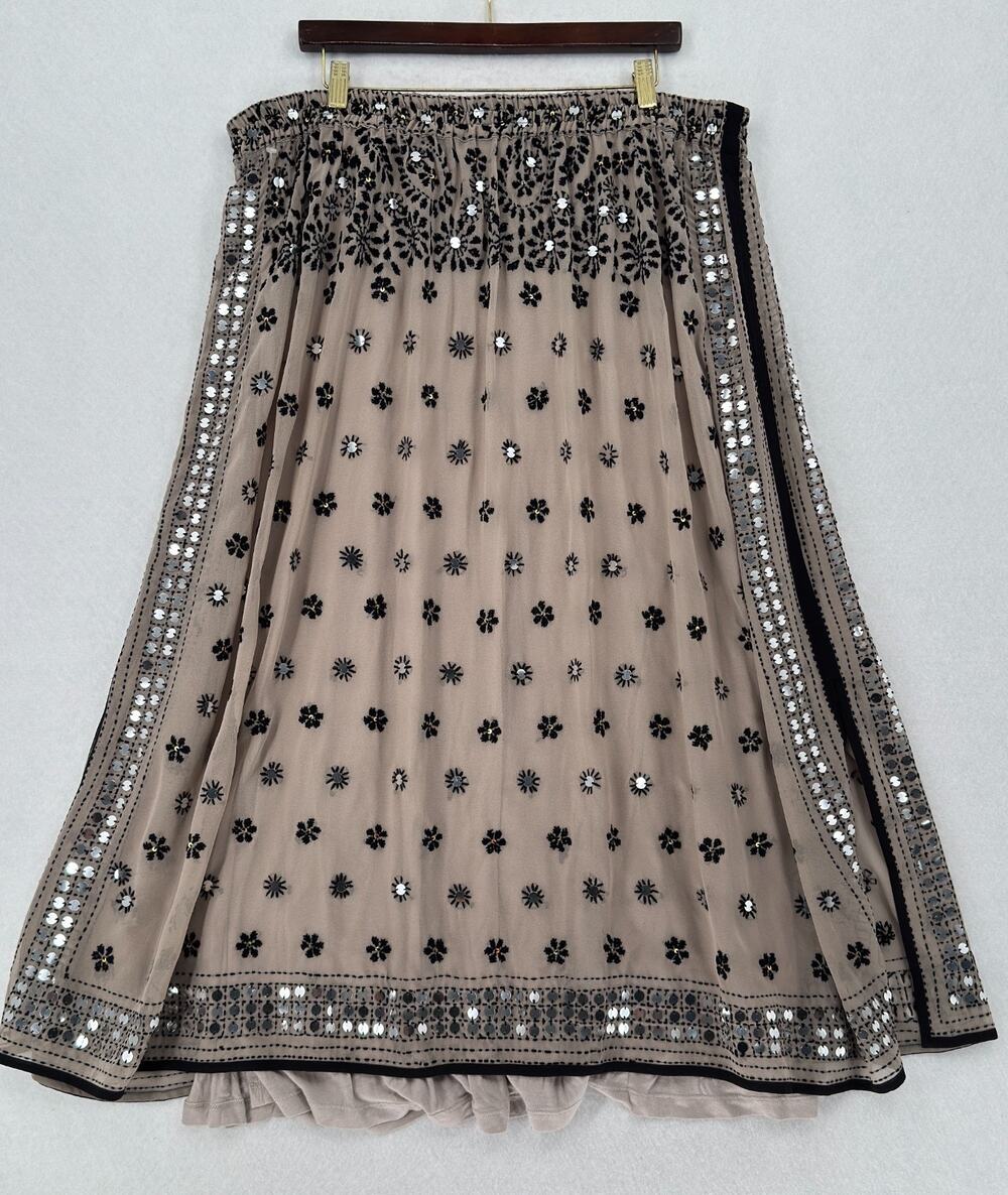 Soft Surroundings Brown Black Floral Embroidered Sequin Maxi Skirt Sz PXL